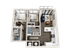 Contemporary 3D apartment layout featuring two cozy bedrooms, a stylish open-plan living and dining area, modern kitchen, and two elegant bathrooms, perfect for comfortable urban living.