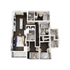 Modern 3D floor plan showcasing 3 bedrooms, elegant open kitchen with island, cozy living area, and 2 stylish bathrooms.