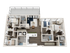 Modern 3-bedroom apartment floor plan with open-concept living room, spacious kitchen with island seating, and two sleek bathrooms.