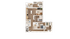 Elegant L-shaped floor plan showcasing 3 bedrooms, an open kitchen with an island, and cozy living area. Modern design with two bathrooms and stylish wood flooring.