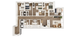 Elegant 3D floor plan showcasing a spacious layout with five bedrooms, cozy living room, modern kitchen, and four bathrooms.