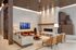 AMLI West Loop lobby with comfortable seating and a mounted TV featuring a fireplace and a wood slat ceiling.