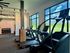Modern gym with treadmills, elliptical machines, and a beautiful view of lush greenery through large windows.