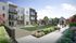 Modern apartment complex with stylish exterior, featuring private balconies, outdoor seating, and a vibrant tennis court set amidst lush landscaping.