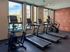 Modern fitness center with treadmills and elliptical machines, featuring large windows with pool view and stylish decor.