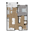 Elegant floor plan featuring 1 bedroom, an open living-dining area, and a modern kitchen with pantry.