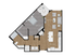 Contemporary floor plan featuring a spacious bedroom, open living and dining area, modern kitchen, and bathroom.