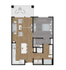Efficient floor plan showcasing one bedroom, an open living-dining space, and a modern kitchen.
