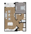 Detailed floor plan of a modern apartment featuring a spacious bedroom, open-concept living and dining area, and a sleek kitchen.