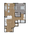 Modern one-bedroom floor plan featuring an open-concept living area, spacious kitchen, and bathroom.