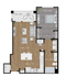 Efficient floor plan with spacious bedroom, open-concept living and dining area, and modern kitchen.
