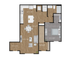 Stylish floor plan featuring one bedroom, open living area, dining space, and modern kitchen.