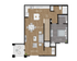 Floor plan with spacious open-concept living room, stylish kitchen, cozy bedroom, and balcony area.