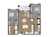 Chic 2D floor plan with 2 bedrooms, open living area, and modern kitchen layout.