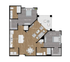 Elegant floor plan showcasing 2 bedrooms, open kitchen with dining area, and spacious living room.