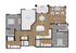 3-bedroom floor plan with open living area, kitchen, and two bathrooms.