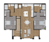 Sleek 2D floor plan showcasing two bedrooms, open-concept living and dining area, modern kitchen, and two bathrooms.