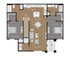 Sleek floor plan with 2 bedrooms, open dining area, and modern kitchen layout.