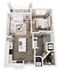 The Rhine, 1/1, 722 SF | Spacious apartment floor plan with a cozy bedroom, modern kitchen, stylish open living area, and a vibrant balcony view.