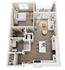 The Douro, 1/1, 915 SF | Modern 3D floor plan showcasing a spacious one-bedroom apartment with an open-plan kitchen, cozy living area, and private balcony.