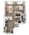 The Moselle, 1/1, 848 SF | Charming 3D floor plan featuring 1 bedroom, a cozy open-concept living space, modern kitchen, and elegant bathroom.
