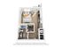 Chic studio apartment floor plan with an open bedroom area, modern kitchen, cozy living space, and sleek bathroom.