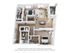 Modern 3D floor plan showcasing a stylish 2-bedroom apartment with an open-concept living room, sleek kitchen island, and spacious balcony.