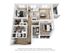Modern apartment 3D floor plan showcasing 2 bedrooms, stylish open-concept living and dining area, elegant kitchen with island, and a cozy balcony.