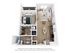 Chic 3D floor plan showcasing a stylish one-bedroom apartment with a sleek kitchen, cozy living area, modern bathroom, and balcony.
