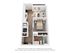 Modern 1-bedroom apartment floor plan with an open kitchen, cozy living area, and a spacious bathroom.