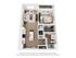 Modern 3D apartment floor plan featuring 1 bedroom, a stylish open-concept kitchen and living area, with ample natural light and balcony access.