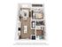 Modern 3D floor plan showcasing a cozy 1-bedroom apartment with open-concept living area, stylish kitchen, and spacious bathroom.