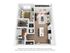Modern floor plan showcasing an airy one-bedroom apartment with open-concept living space, sleek kitchen, and cozy living room. Includes in-unit washer and dryer, spacious bathroom, and a private balcony.
