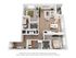 Contemporary 3D floor plan showcasing a two-bedroom apartment with a modern open-concept living area, sleek kitchen island, and two stylish bathrooms.