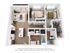 Contemporary 3D floor plan showcasing two cozy bedrooms, an open-concept kitchen with an island, stylish living area, and two modern bathrooms.
