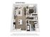 Elegant 3D floor plan featuring a cozy bedroom, modern kitchen with island, and spacious living area with balcony access.