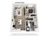 Modern 3D floor plan showcasing a spacious one-bedroom apartment with a chic open-concept living area, stylish kitchen, and a cozy balcony.