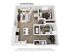 Modern 3D floor plan showcasing a cozy one-bedroom apartment with an open-concept living area, sleek kitchen, and a stylish home office space.