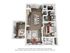 Chic 3D floor plan showcasing 1 bedroom, a cozy living area, sleek kitchen with island, modern bathroom, and versatile home office space.