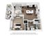Chic 3D floor plan showcasing 1 bedroom apartment with modern kitchen, inviting living area, and cozy balcony.