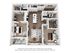 Modern 3D floor plan featuring 2 bedrooms, a spacious open-concept living and dining area, kitchen, and private patio access.