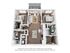 Modern 3D floor plan showcasing 2 stylish bedrooms, spacious living area, and sleek kitchen, with an inviting balcony view.