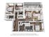 Chic 3D floor plan showcasing a modern apartment with 3 bedrooms, open living area, stylish kitchen with island, and balcony space.