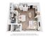 Chic 3D floor plan showcasing an open-concept 1-bedroom apartment with modern kitchen, cozy living area, and stylish bathroom.