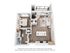 Modern floor plan showcasing a cozy one-bedroom apartment with an open living area, sleek kitchen island, stylish bathroom, and balcony access.