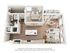 Modern 3D floor plan showcasing a cozy one-bedroom apartment with open living space, stylish kitchen island, and inviting balcony access.