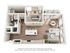 Chic 3D floor plan featuring a cozy one-bedroom layout with a modern kitchen, elegant bathroom, and inviting living area with a balcony view.
