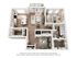 Chic 3D floor plan showcasing a modern apartment with three bedrooms, an airy open-concept kitchen and living space, and a stylish home office.