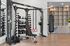 Modern gym in luxury apartment with fitness equipment, weights, and exercise rings.
