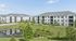 Beautiful apartment complex featuring modern buildings with spacious balconies, surrounded by lush greenery and a serene pond.
